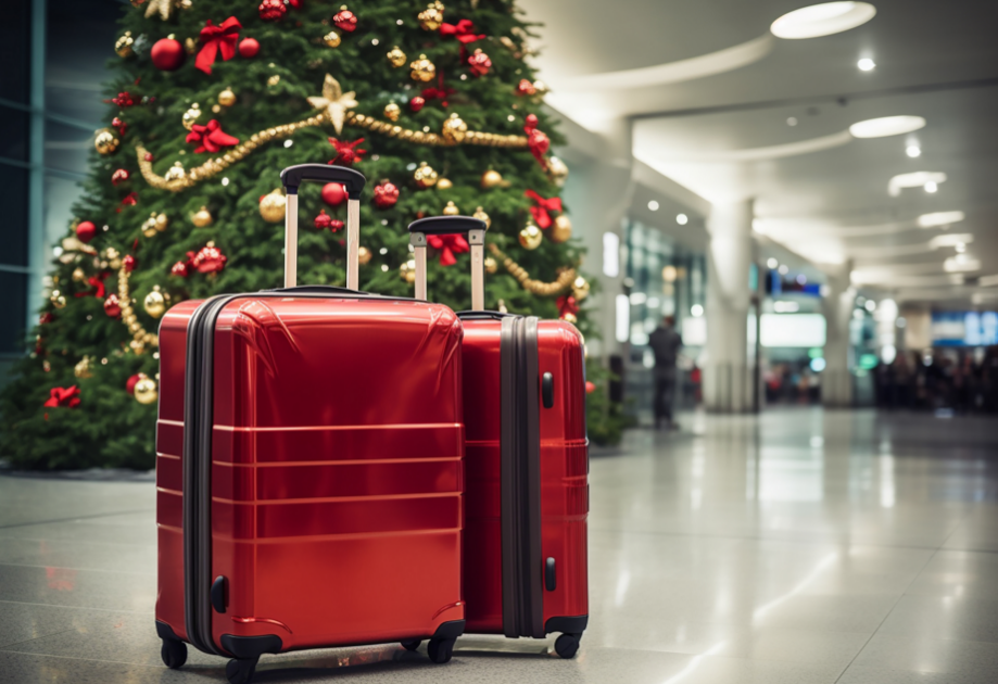 Festive red suitcases at airport with Christmas tree